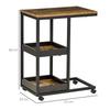 Table d'appoint mobile pour canapé, Table roulante industrielle en forme de C avec étagères de rangement à 3 niveaux, Quatre roulettes verrouillables, Cadre en acier, Marron foncé
