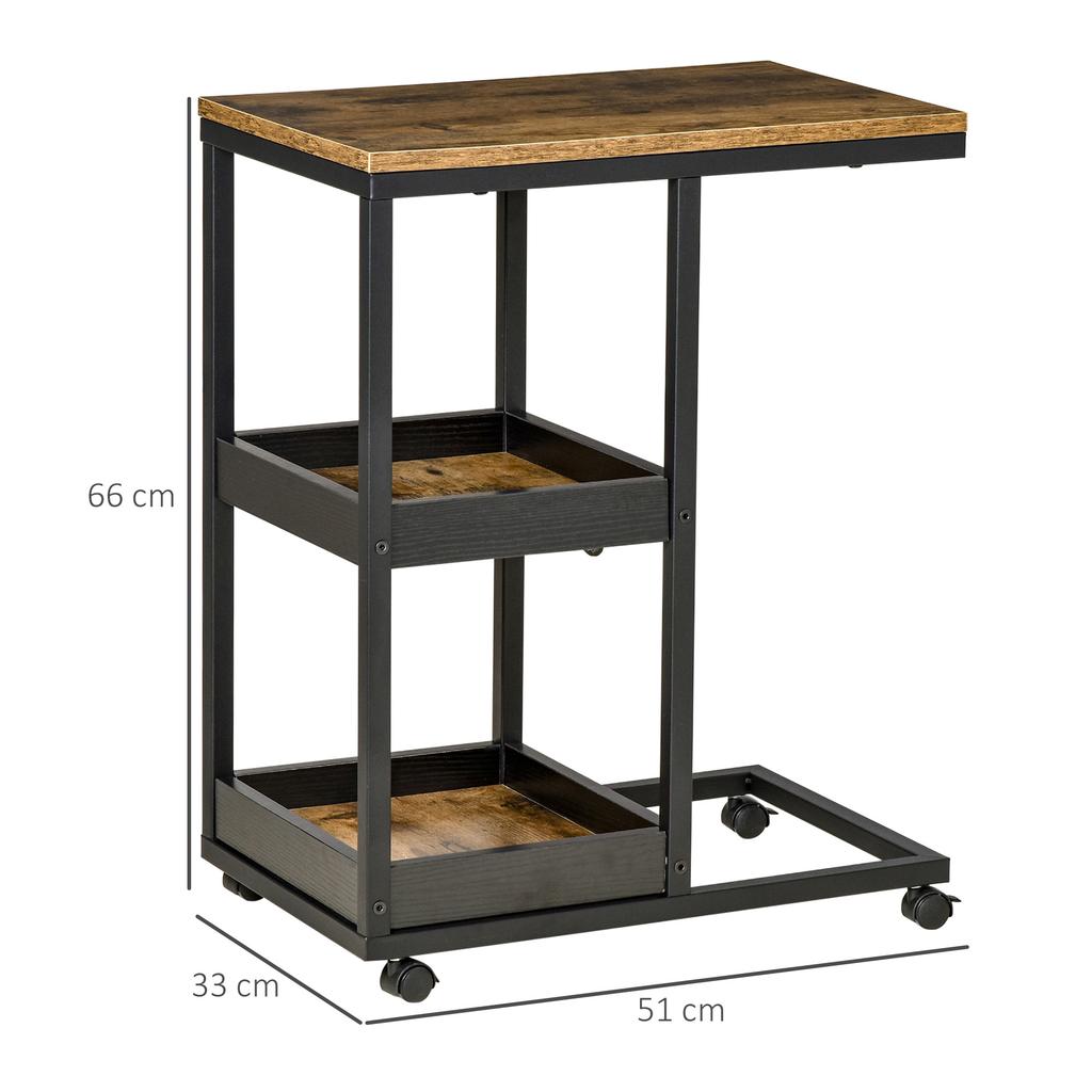 Table d'appoint mobile pour canapé, Table roulante industrielle en forme de C avec étagères de rangement à 3 niveaux, Quatre roulettes verrouillables, Cadre en acier, Marron foncé