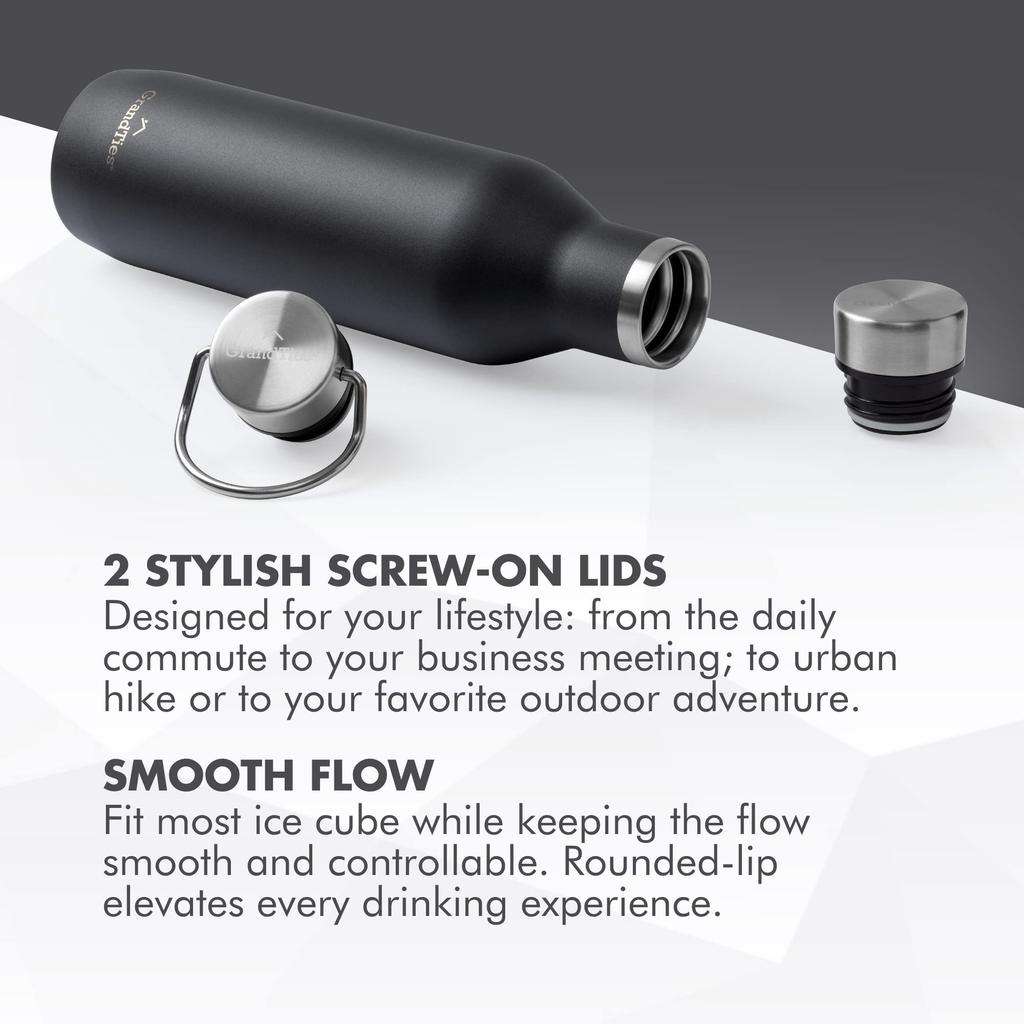 GRANDTIES Traveler Bottle, 620ml, Available in 6 Colors (Midnight Black), with Two Lids, Double-Layer Vacuum Insulated Stainless Steel Bottle, Keeps