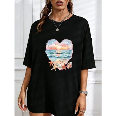 Dames Casual T-shirt Wit Strand Zonsondergang Hart Schelp Zeester Print Zomer Vakantie Outfit