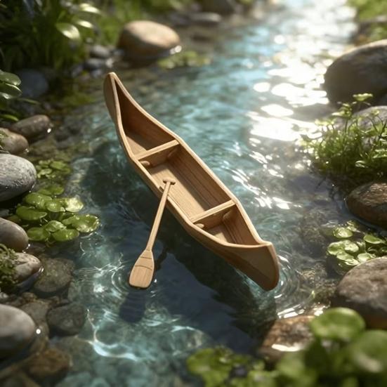 3D Printed Canoe Miniature Ornament, Compact Mini Boat Model with Paddle Accessories, Fine Wood Grain Texture Realistic Canoe Replica