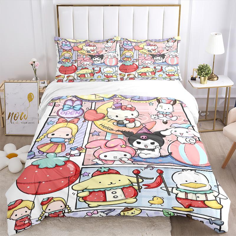 3pcs Carnival Celebration Hello Kitty and Friends Printed Bedding Set, Soft and Comfortable Quilt Cover for Bedroom, Guest Room (Not Included).S002