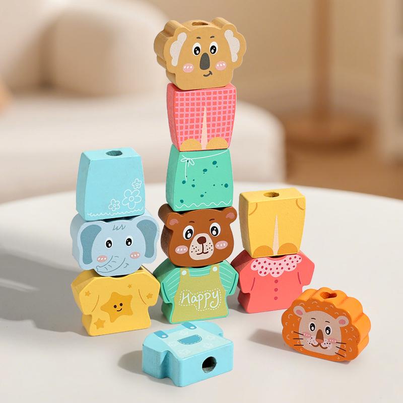 Montessori Wooden Animal Stacking & Dress Up Blocks Children's Early Education Change Clothes Dressing Game Colorful Puzzle