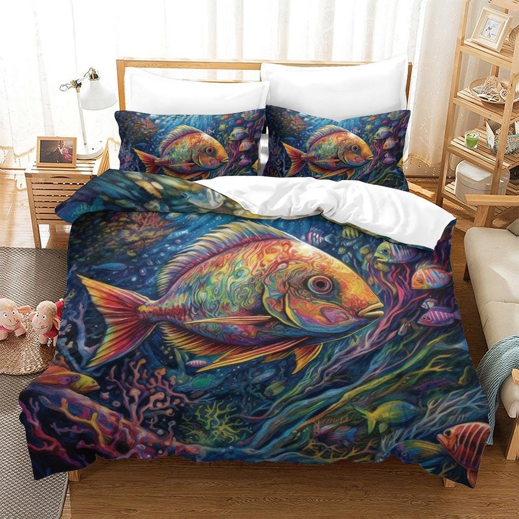 Colorful Fish 3D Digital Printing Polyester Quilt Cover Two Or Three Pieces Can Be