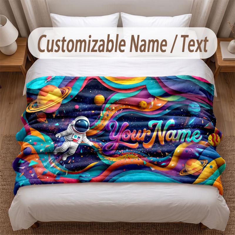 Astronaut Space Theme Soft Blanket Personalized Custom Name Text Print Warm Blanket Home Sofa Bedroom Decor