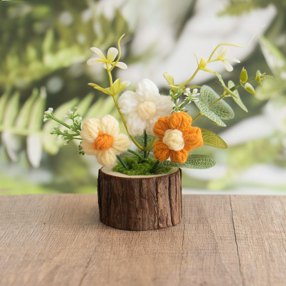 Hand-woven Crochet Flowers Potted Artificial Flower Table Decor Wedding Gift Photography Props Kintted Plant