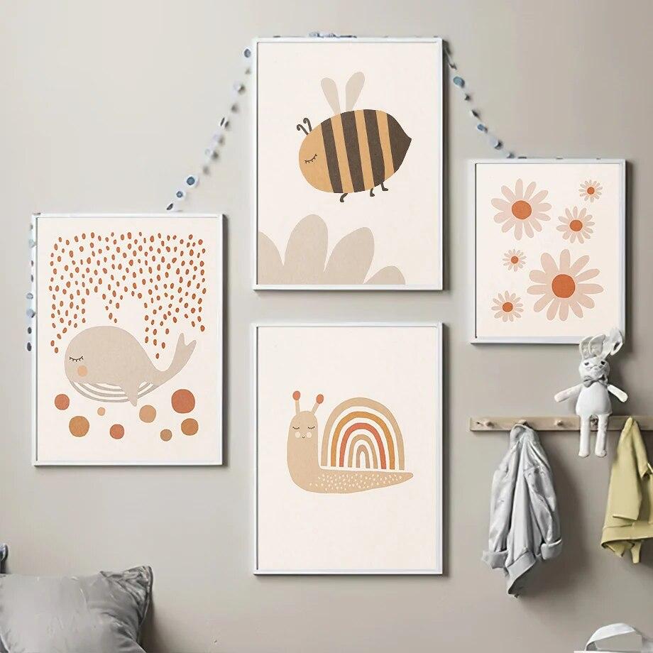 Wall Art Canvas Painting Baby Whale Bee Strawberry Cloud Number Alphabet Nordic Posters And Prints Wall Pictures Kids Room Decor