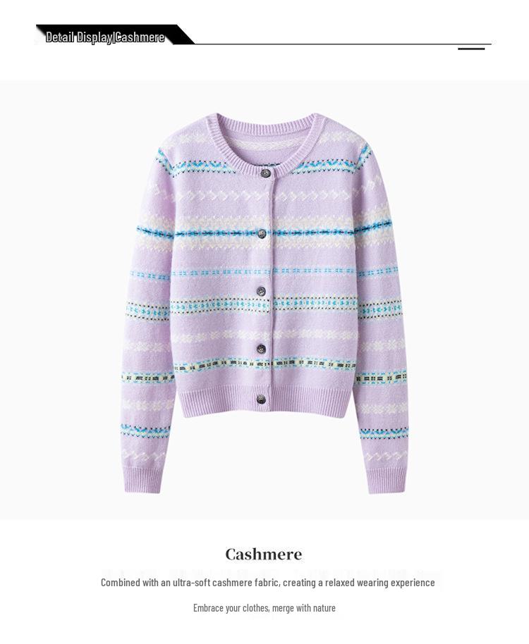 Fair Isle Striped Cashmere Cardigan - Women's Warm Round Neck Jacquard Sweater for Autumn/Winter