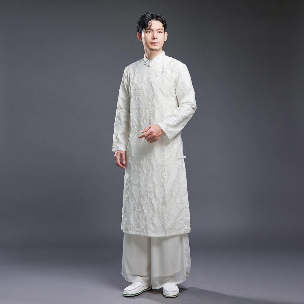 Męska Retro Etniczna Stójka Żabie Guziki Długa Szata Szlafrok