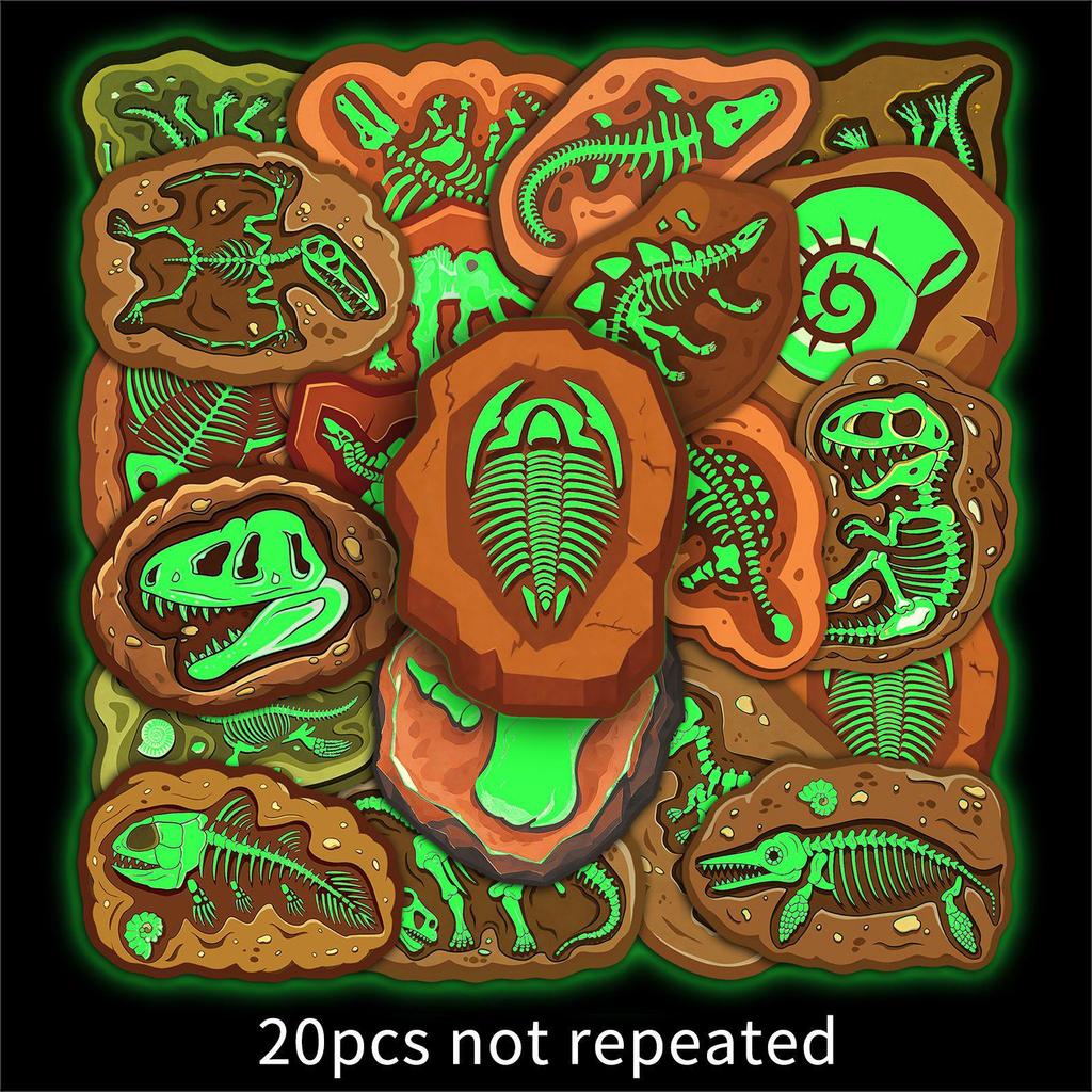 20 Luminous Dinosaur Fossil Glow-in-the-Dark Stickers: Retro Ammonite, Ancient Skeletons, Waterproof Decorative Journal Set