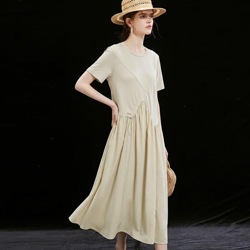 Women's Relaxed Fit Round Neck Drawstring Waist Summer Dress
