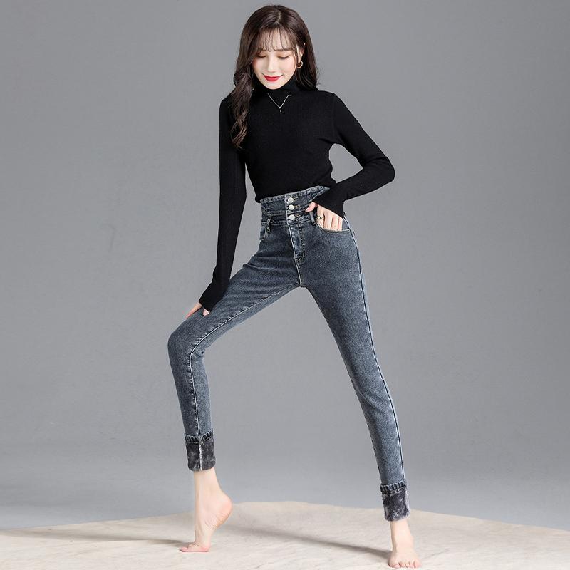 GMXIA High-waisted Fleece Jeans, Women's Autumn and Winter Skinny Jeans, Straight-leg Tight, Thickened and Slimming Pencil Pants