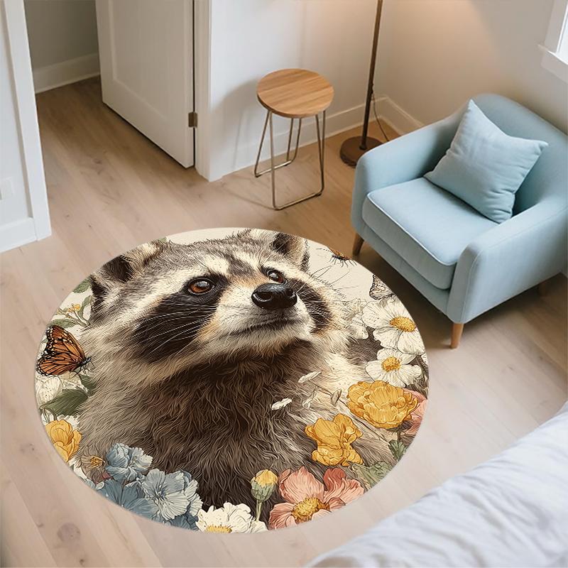 Raccoon and Flowers pattern round rug,Carpet Rug for Living Room Bedroom Playroom ,Non-slip Floor Mat,Holiday Gifts and Birthday Gifts.
