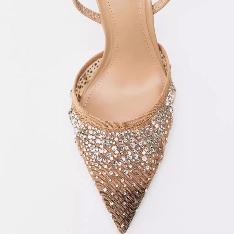Summer Women's Sandals Rhinestone Bright Mesh High Heels Footwear Elegant Slingback Pointed Slip On Party Lady Pumps Shoes
