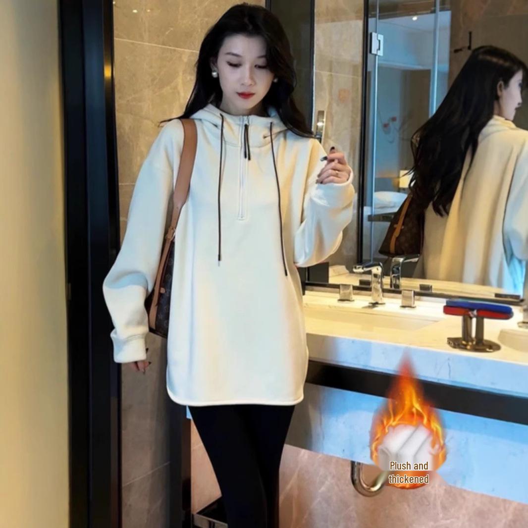 

Women s Fleece-Lined Hooded Sweatshirt - 2025 Spring & Autumn Fashion, Loose-Fit Mid-Length Casual Top Medium білий