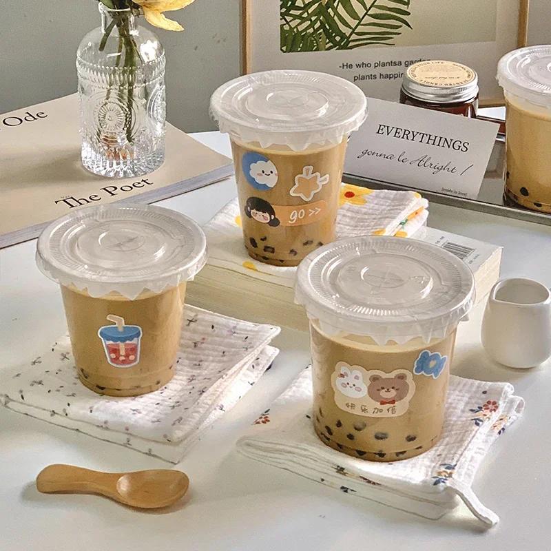 50 Sets of Coffee Milk Tea Leak Proof Cups Disposable Thickened Household Plastic Beverage PET Cold Drink Packaging Cup with Lid