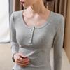 Threaded button-down bottoming shirt women's autumn clothing new women's clothing solid color round neck front shoulder t-shirt waist tight top