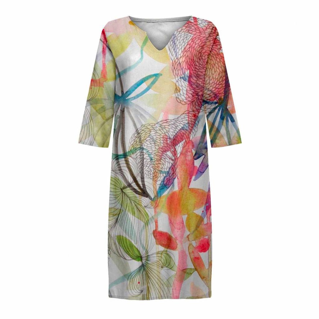 Women's V Neck Short Sleeve Dress Casual Printed Dress Beach Dress Bohemian Dress Lightweight Loose Fit Summer Dress
