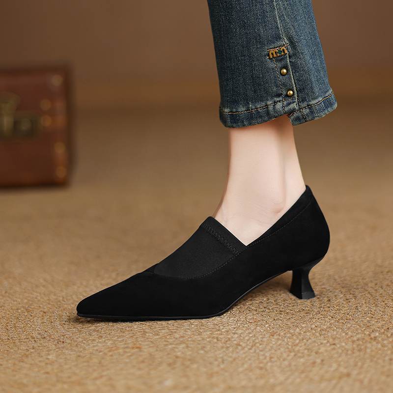 Krazing Pot Sheep Suede Autumn Winter Shoes Stiletto Med Heels Size 43 Size 42 Pointed Toe Deep Mouth Pumps