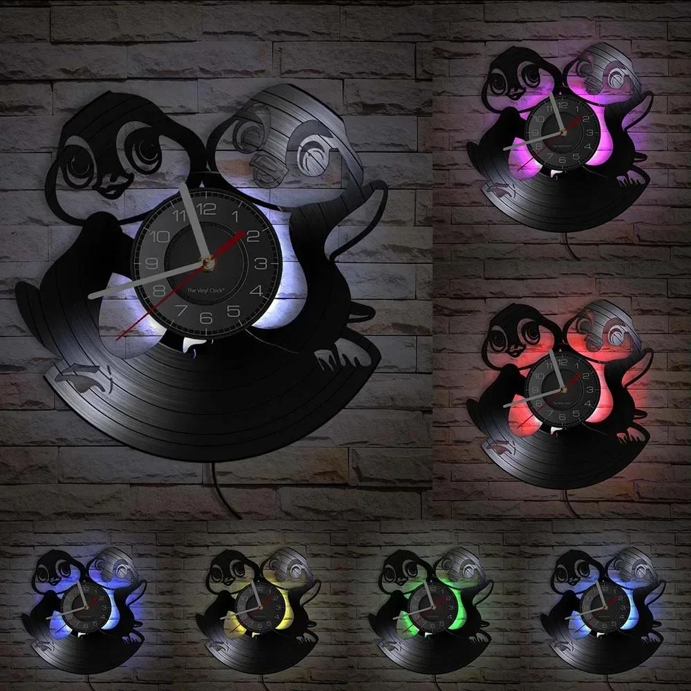 Cute Penguin Mural Wall Clock Baby Penguin Vinyl Record Wall Clock Penguin Family Children's Room Decoration Wall Watch Gift