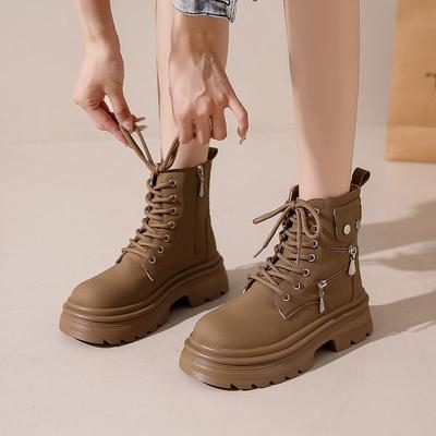 Platform Lace-up Female Short Shoes Autumn Winter Round Toe Women's Ankle Boots Fleece-Lined Biker Booties Fashion 2025 Footwear