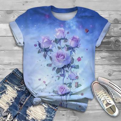 Camiseta Feminina de Verão com Estampa Digital 3D Padrão de Rosa Gola Redonda Desenho Animado Solta