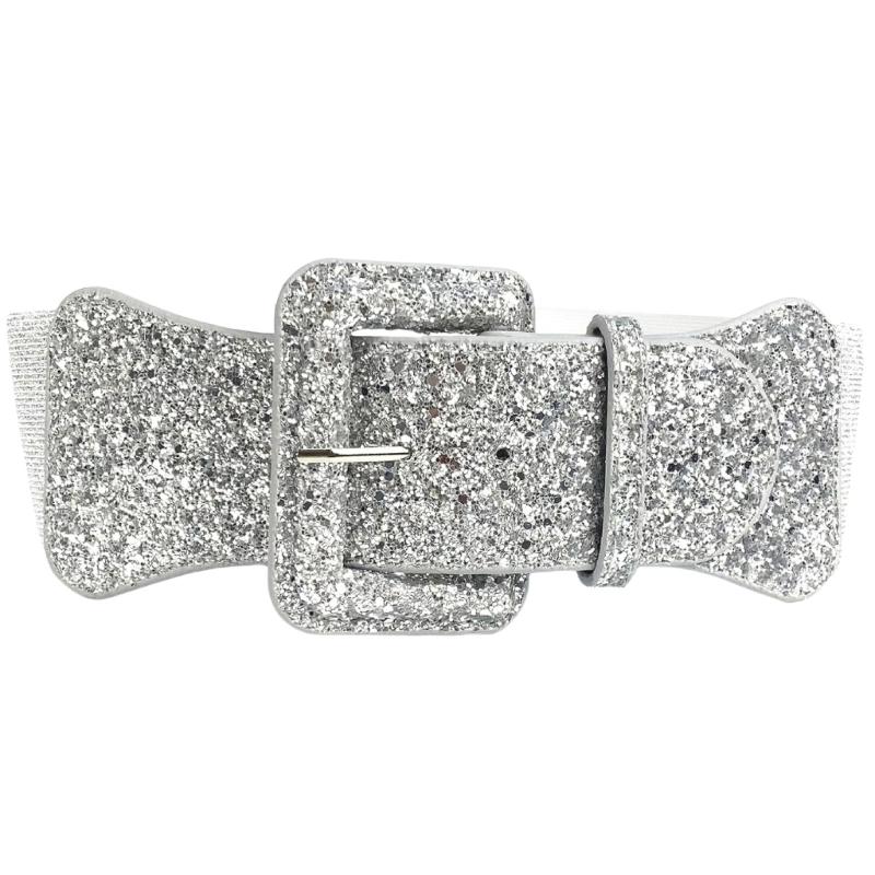 

Блестящий корсетный пояс с квадратной пряжкой для женщин, пояс из пайеток, универсальный эластичный пояс, повседневное использование, украшение для талии серебряный