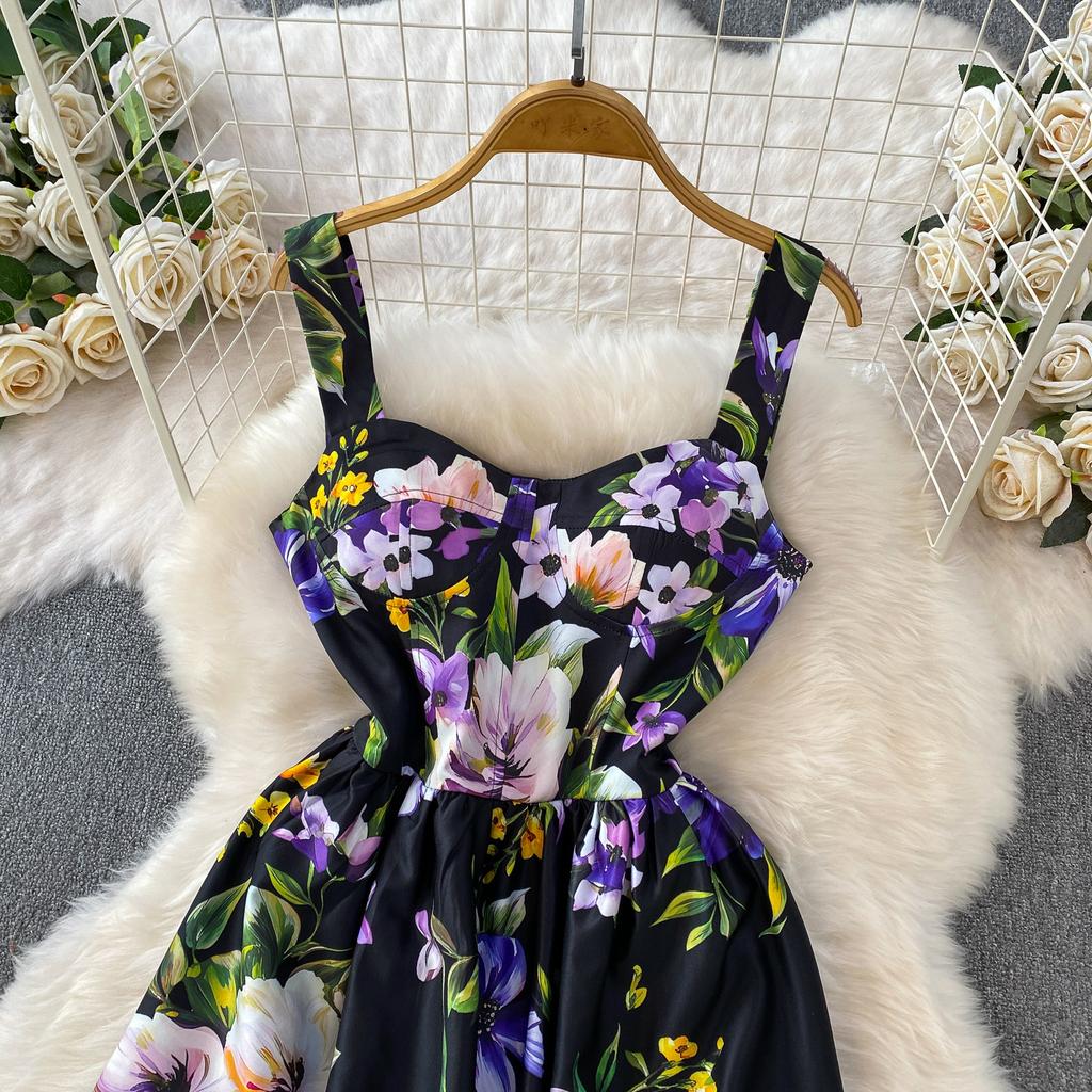 Summer Women Sleeveless V-Neck Midi Long Dress Floral Print High Waist A‑Line Swing Casual Holiday Party Dress