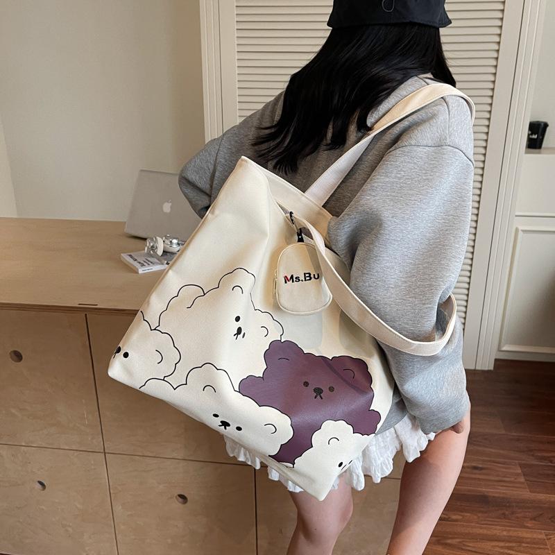 Casual Large-capacity Bag Women's Summer New Cartoon Bear Canvas Bag College Students Commute To Class Shoulder Tote Bag