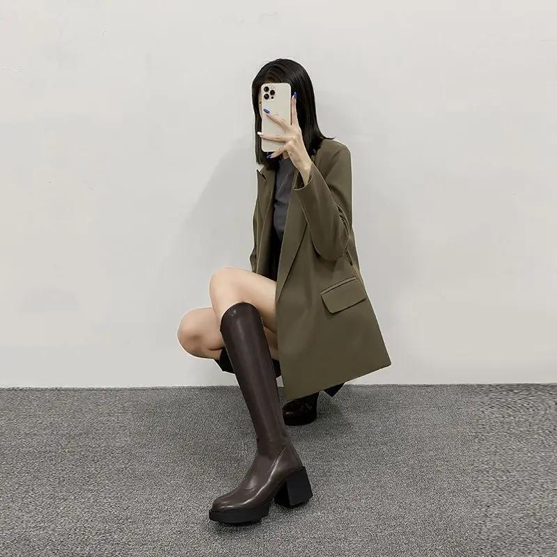 Fashion Black High Heels Elegant Heeled Long Boots for Women Round Toe On Offer Pu Goth Comfortable Work Chic Hot Knee Shaft Shoes Woman