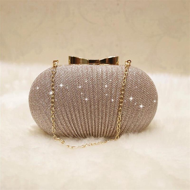 Pochette da sera dorata Borse da donna Borse da sposa lucide Pochette da sposa con fiocco in metallo Borsa a tracolla con catena