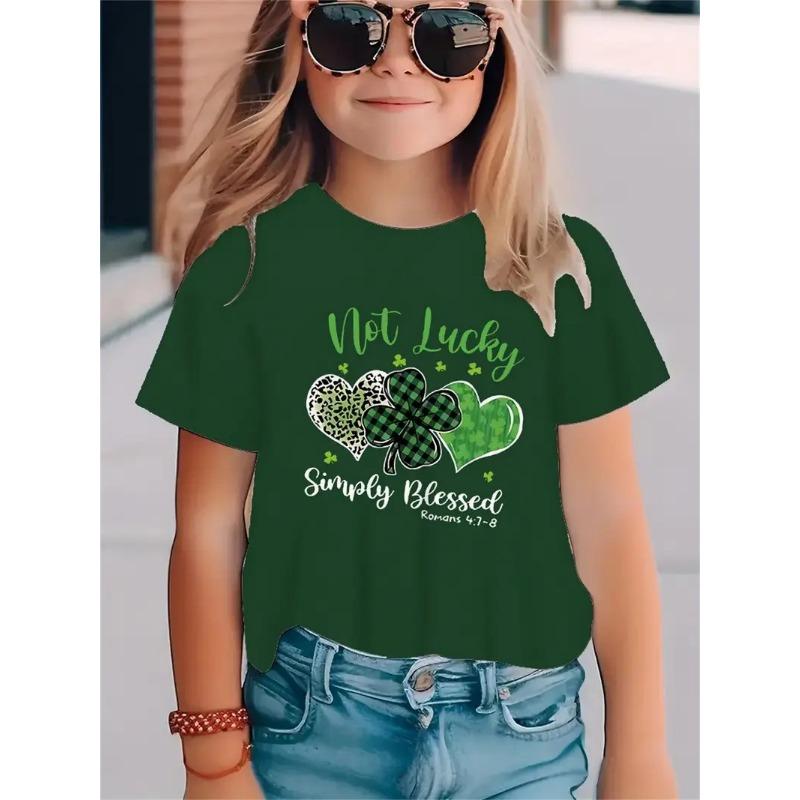 Fashionable Simple Fresh Four Leaf Clover Pattern Girls' Round Neck Pullover Short Sleeved Shirt