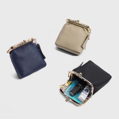 Genuine Leather Lychee Grain Kiss Lock Pouch - High-End Lipstick Case & Mini Coin Purse