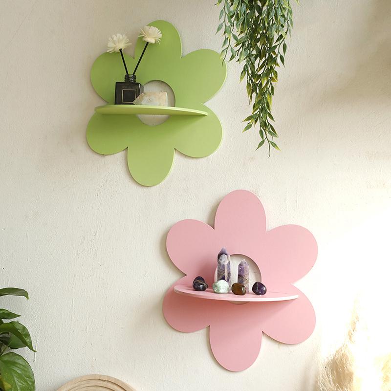 Flower Shape Wall Storage Holder Wooden Wall Art Wall Decoration Floating Plant Shelf For Bathroom Living Room Gift