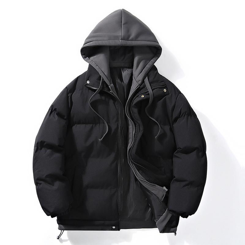 

Hong Kong style winter couple cotton clothes fake two pieces trendy handsome short men s hooded thickened cotton-padded clothes hooded loose men s M чорний