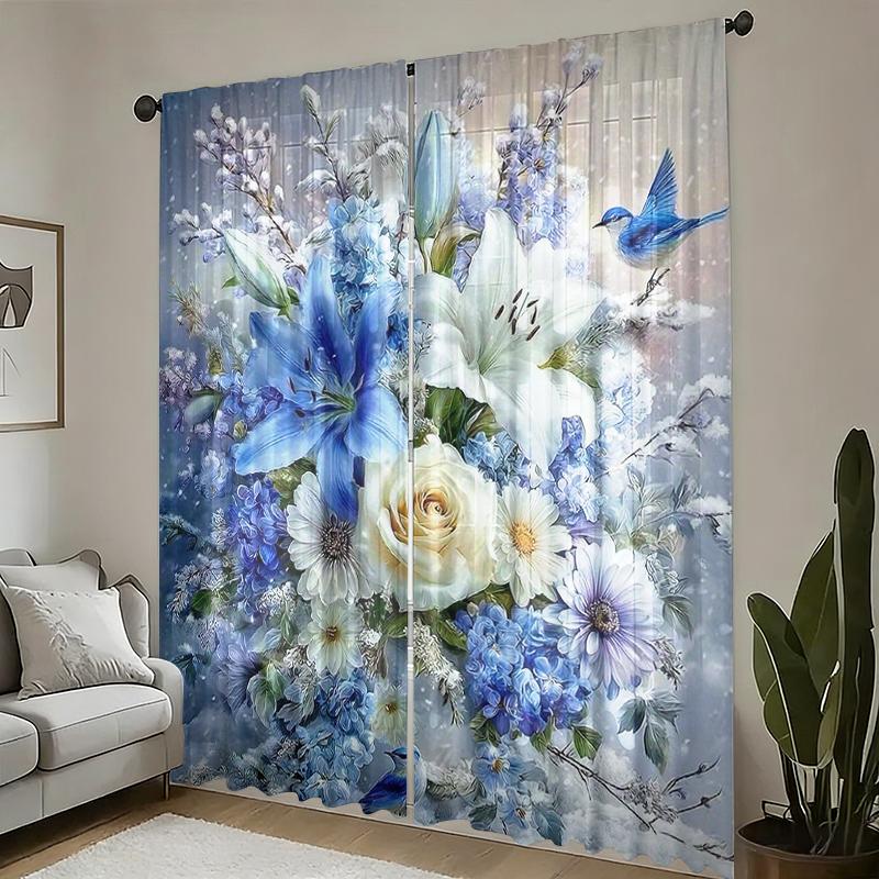 2-Pack Blue Floral and Bird Print Curtains, Rod-Pocket Style Polyester Light-Filtering Curtains, Floral and Bird Pattern Light-Filtering Curtains