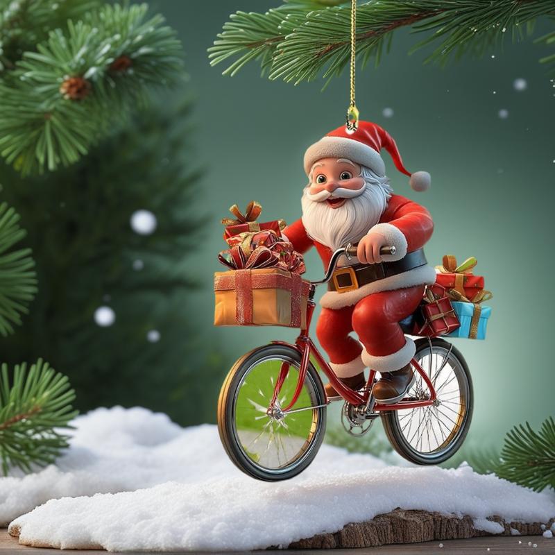 2D Acrylic Santa on Bike Christmas Tree Ornaments, Winter Décor Pendants