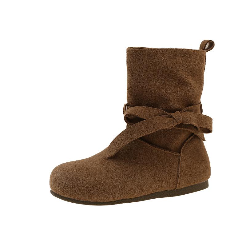 Internet celebrities with the same French lace-up round head soft bottom short tube women's 2025 autumn and winter new flat bottom inner height-increa