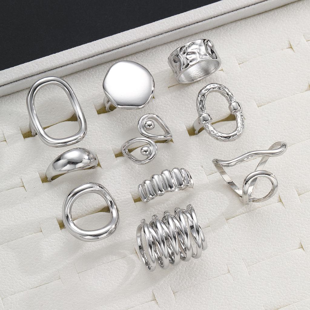 10pcs Set Vintage Old Coin Style Asymmetrical Open Ring For Women Fashion CCB Geometric Hollow Decor Rings Vacation Date Jewelry