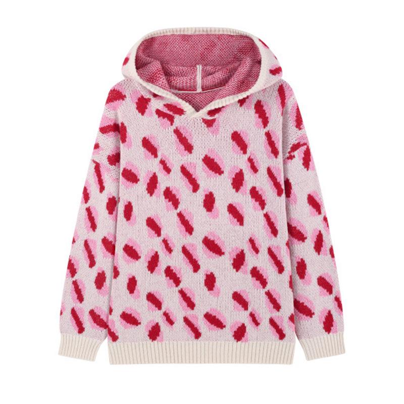 

Women s 2025 Jacquard Hooded Knit Sweater - Casual, Loose, Plus Size, Autumn/Winter Style 3XL розы красного