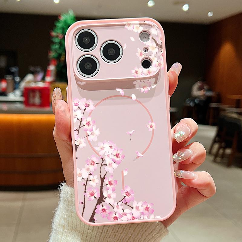 Pink Peach Blossoms Floral Pattern For iPhone 17 Pro Max Funda iPhone 16 15 14 13 Pro Max Skin Feeling Magnetic For Magsafe Shockproof Bumper Cover