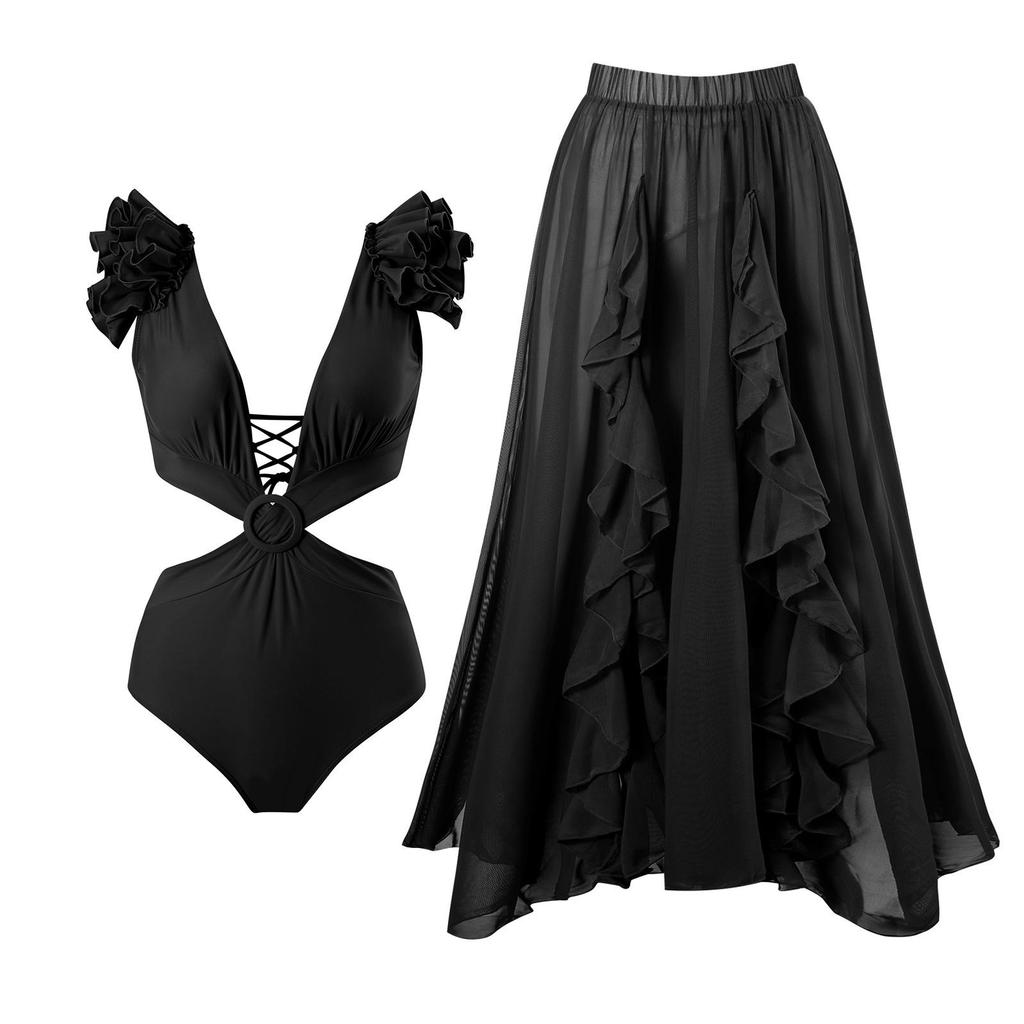 2025 Trendy Women's One-Piece Swimsuit Set with Bowknot Mesh Skirt - Solid Color