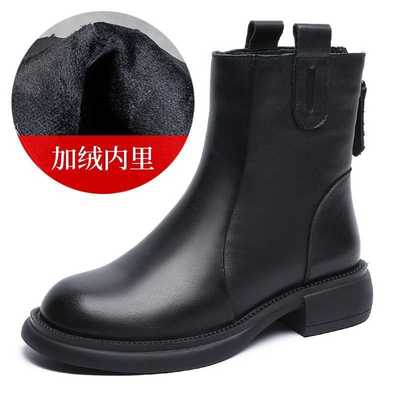 Soft Leather Thin Boots Women's 2025 New Flat-bottomed Rear Zipper Spring and Autumn Single Boots Autumn and Winter Velvet Martin Boots Cotton Shoes