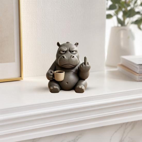 Sculture Animali da Scrivania Compatte Media?Figurina Ippopotamo con Tazza da Caffè, Statuetta Divertente in Resina, Ornamenti Minimalisti Originali per Scrivania per