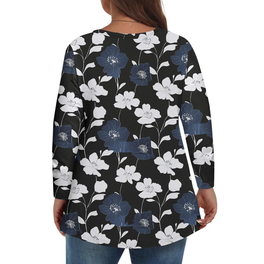 Women's Fashionable Casual Long Sleeved Plus Size Floral Print Top Plus Size Floral Print Top