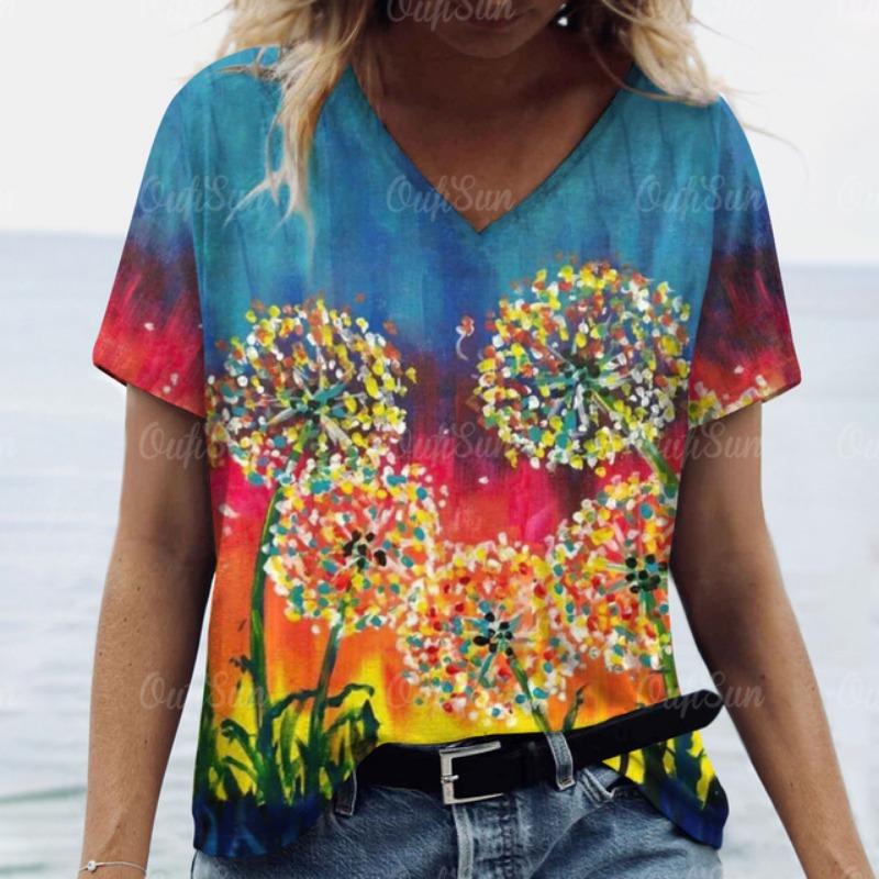 Women Short Sleeves V-Neck T-Shirt Oversized Beautiful Clothing Loose T Shirt Clothing Woman Flowers Print Top Pullover Outdoor