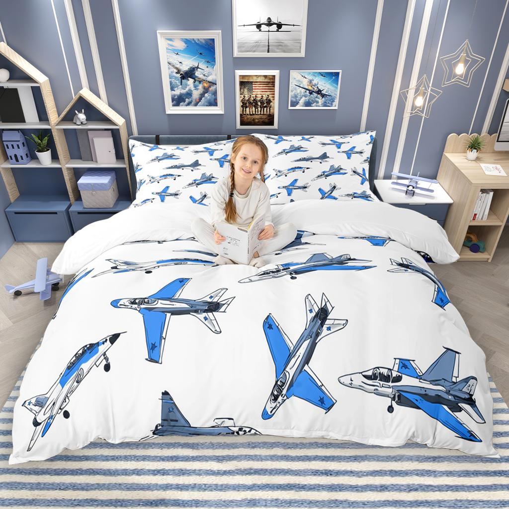 Homewish Cartoon Aircraft Train Duvet Cover Set for Children 2pcs/3pcs, Airplane Steam Engine Bedding, Transportation Bed Set