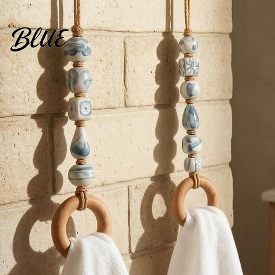Rustikaler Holzperlen-Handtuchhalter Perlenaufhänger mit Holzring Böhmischer Bauernhaus-Halter Küchenlappen-Aufbewahrungsregal Wandmontiert Hanfseil