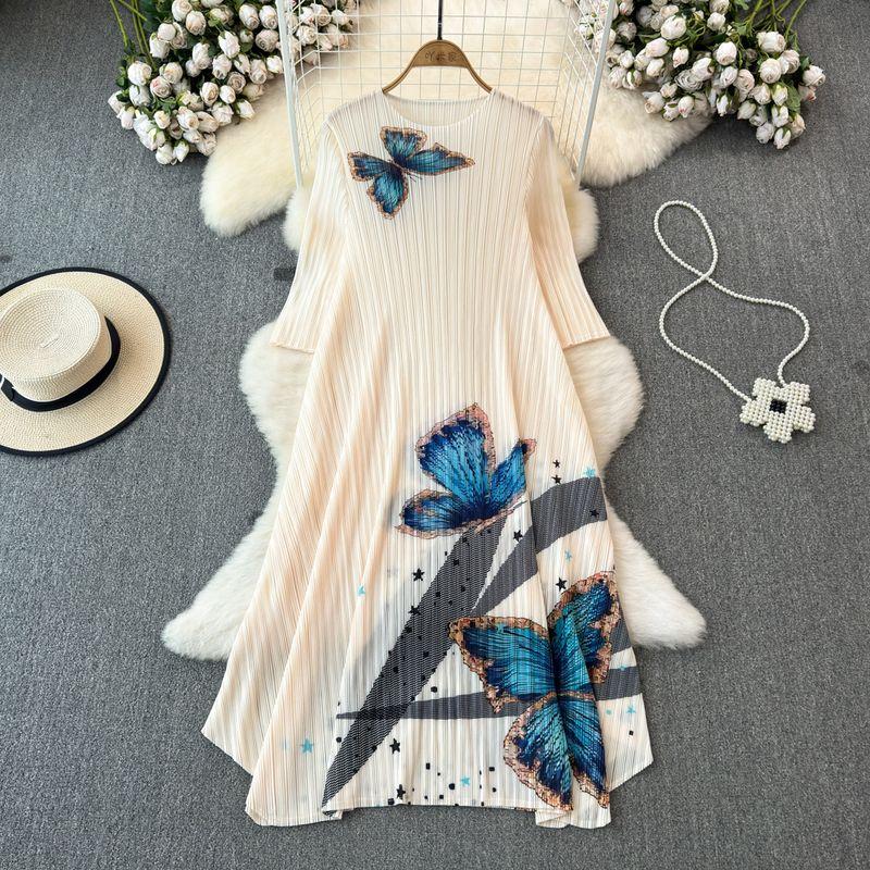 

Accessible Luxury Sanzhai Ruched 3/4 Sleeve Loose Dress Apricot color One size