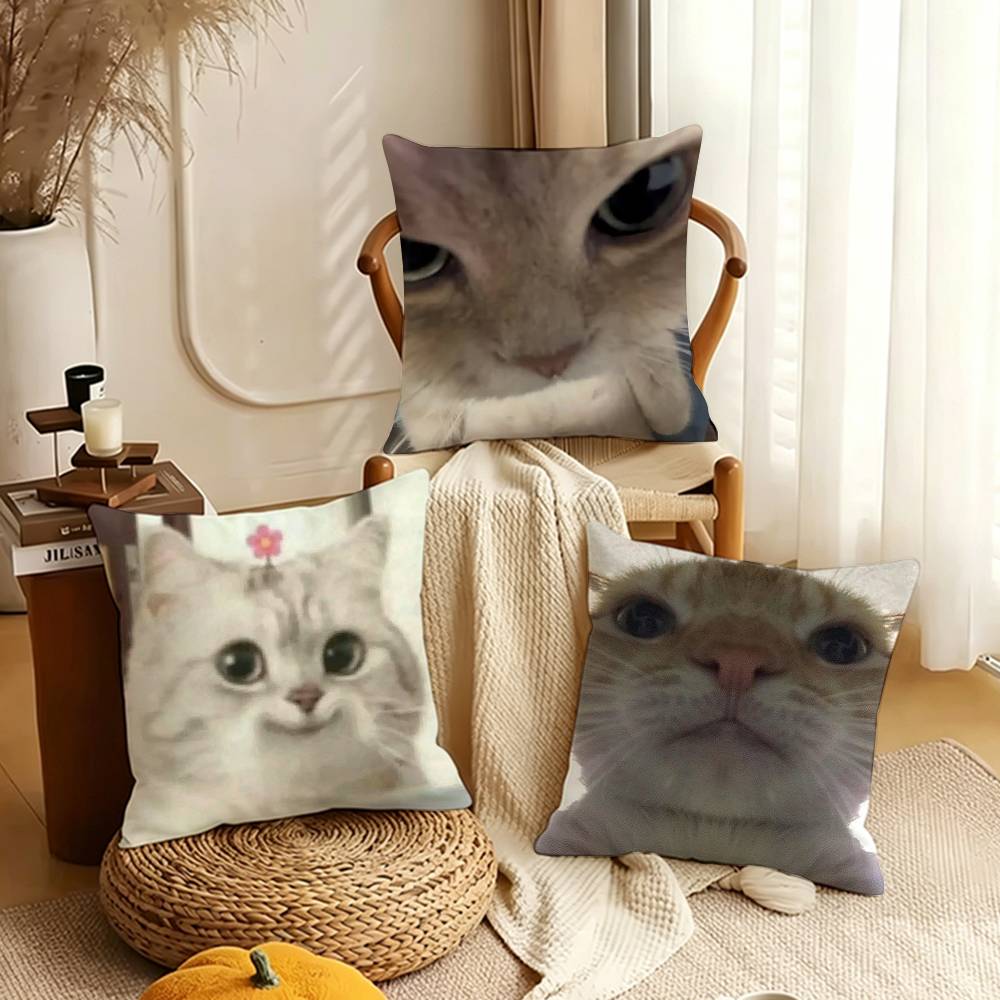 Cute Cat Thousand Yard Stare Meme Pillow Case Living Room Sofa Cushion Cover Suitable For Home Bedroom Room Decoration